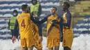 Penyerang AS Roma, Borja Mayoral (tengah) berselebrasi usai mencetak gol ke gawang CSKA-Sofia pada pertandingan Grup C Liga Europa di Nasional Vassil Levski, Bulgaria, Jumat (10/12/2021). Roma menang atas CSKA-Sofia 3-2. (AP Photo/Dessislava Komarova)