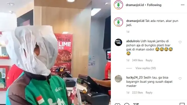 driver ojol ganti masker dengan plastik