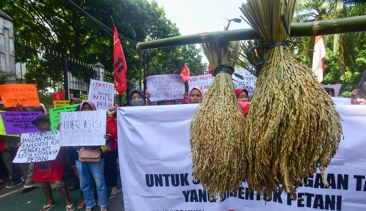 Mereka di antaranya Perkumpulan Petani Ubi Kayu Indonesia Provinsi Lampung, Komite Aksi Hari Tani Nasional ke-65, Komite Perjuangan Pertanian Rakyat (KPPR), Koalisi Nasional untuk Reforma Agraria, BEM Si Kerakyatan, Aliansi Rakyat Menggugat, serta beberapa elemen lainnya. (merdeka.com/Arie Basuki)