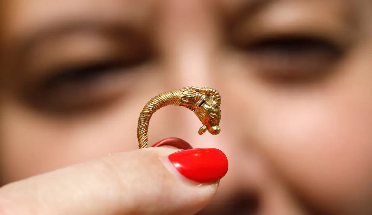 Arkeolog Israel menunjukkan anting emas langka yang ditemukan di situs arkeologi Kota Daud, Yerusalem Timur, Rabu (8/8). Anting tersebut diyakini berusia lebih dari 2.000 tahun. (MENAHEM KAHANA/AFP)
