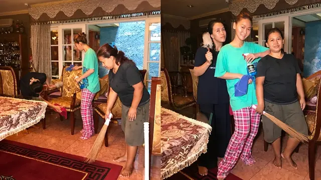 Inul Daratista membantu ARTnya untuk membersihkan rumah.