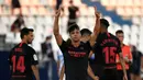 Gelandang Sevilla, Olivier Torres, merayakan gol yang dicetaknya ke gawang Leganes pada laga lanjutan La Liga pekan ke-33 di Estadio Municipal de Butarque, Rabu (1/7/2020) dini hari WIB. Sevilla menang 3-0 atas Leganes. (AFP/Pierre-Philippe Marcou)