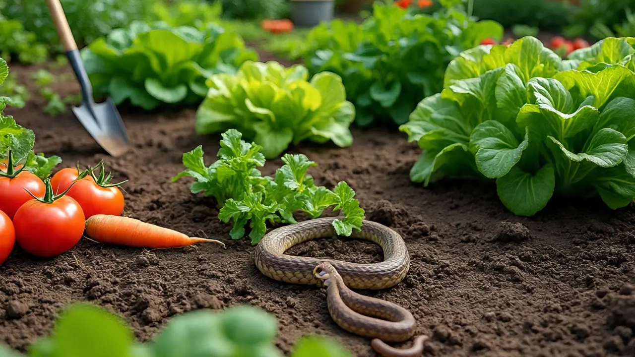 Ilustrasi ular di kebun sayur halaman belakang rumah