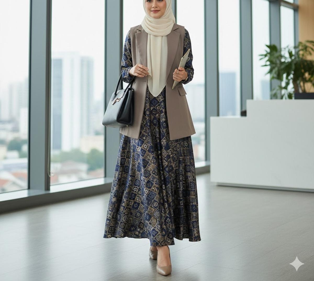 Ilustrasi Kombinasi Gamis Batik dan Blazer