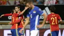 Striker Spanyol, Alvaro Morata, mencetak dua gol dalam tempo dua menit, yakni menit ke-82 dan 83 ke gawang Liechtenstein saat Kualifikasi Piala Dunia 2018 di Stadion Reyno de Leon, Leon (6/9/2016) dini hari WIB. Spanyol menang 8-0. (AFP/Miguel Riopa)