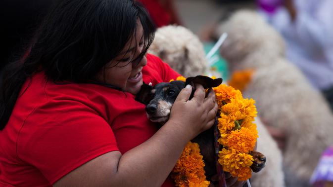 Seorang wanita memeluk anjingnya yang diberikan kalung selama acara 