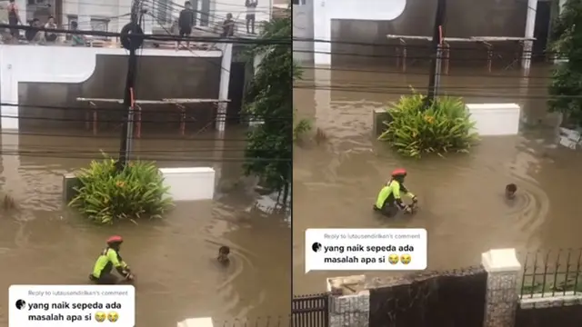 Aksi Pria Naik Sepeda saat Banjir Ini Kocak Sekaligus Bikin Geleng Kepala