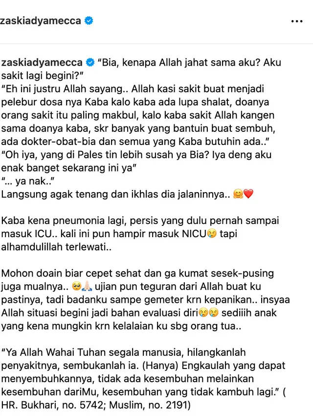 Unggahan Zaskia Adya Mecca. (Foto: Dok. Instagram @zaskiadyamecca)