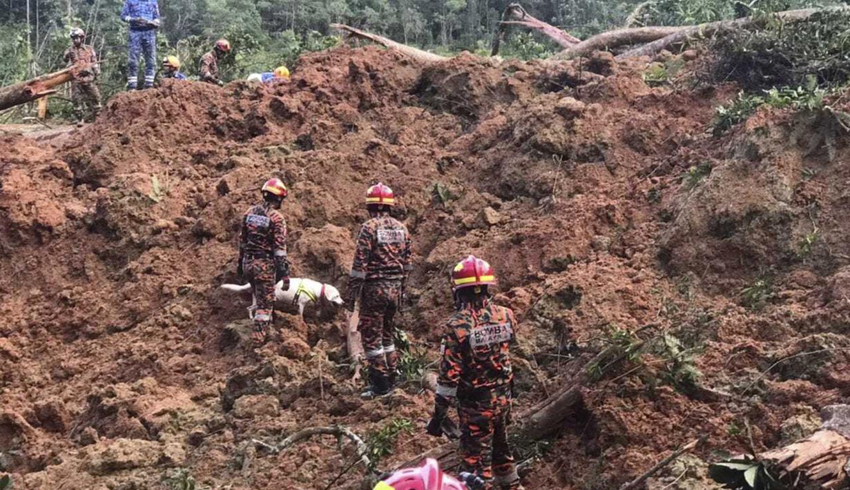 Tim penyelamat bekerja di sebuah perkemahan setelah tanah longsor, di Batang Kali, negara bagian Selangor, di pinggiran Kuala Lumpur, Malaysia, 16 Desember 2022. Longsor Jumat, 16 Desember 2022, di sebuah perkemahan wisata di Malaysia menyebabkan lebih dari selusin orang tewas dan pihak berwenang mengatakan belasan orang lainnya dikhawatirkan terkubur di lokasi di sebuah pertanian organik di luar ibu kota Kuala Lumpur. (Korporat JBPM via AP)