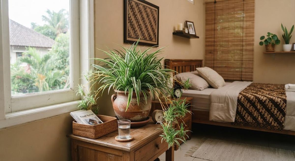 Tanaman yang tetap hidup di kamar dengan cahaya minim dan mudah dirawat untuk percantik ruangan model spider plant