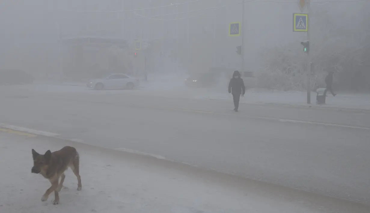 Seorang pria dan anjingnya menyeberang jalan saat suhu turun hingga sekitar minus 50 derajat Celcius (-58 derajat Fahrenheit) di Yakutsk, Rusia, Sabtu (16/1/2021).  Yakutsk atau Yakutia tersohor sebagai kota terdingin di dunia. (AP Photo/Tatiana Gasich)