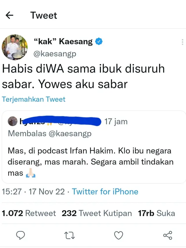 Cuitan Kaesang Pangarep soal Iriana Jokowi. (Foto: Dok. Twitter @kaesangp)