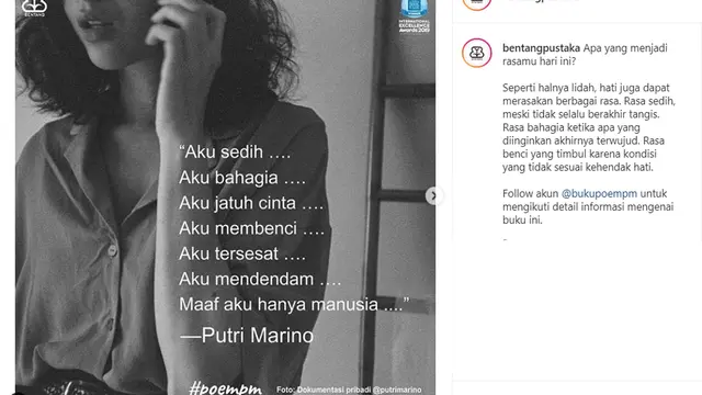 Puisi Putri Marino (Instagram/ bentangpustaka)