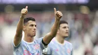 Ekspresi bintang Manchester United, Cristiano Ronaldo, pada laga kontra West Ham United di London Stadium pada duel Liga Inggris 2021/2022, Minggu (19/9/2021). (AP Photo/Ian Walton)