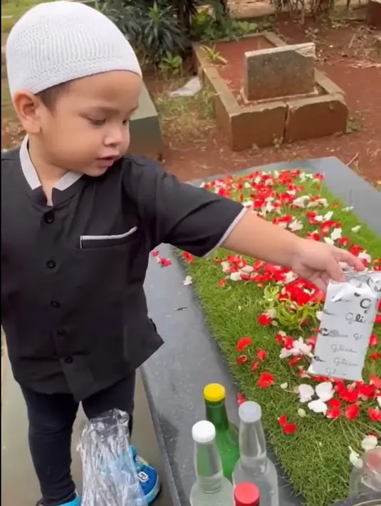 Selesai menabur bunga, Gala yang masih polos itu juga menawari cemilan yang dibawa. "Papi mau pocky?" kata Gala sambil menyodorkan jajanan yang dibawa. [TikTok/dianaalstri22]