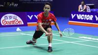 Aksi Anthony Sinisuka Ginting pada final China Open 2019 kontra Kento Momota di Changzhou, Minggu (22/9/2019). (PBSI)