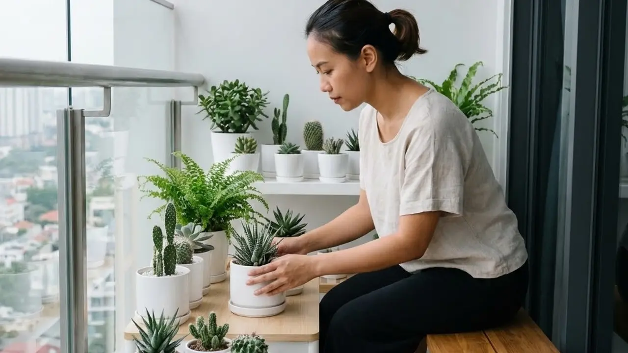 Teras dengan Pot Kecil Seragam Warna Putih (Gemini AI)