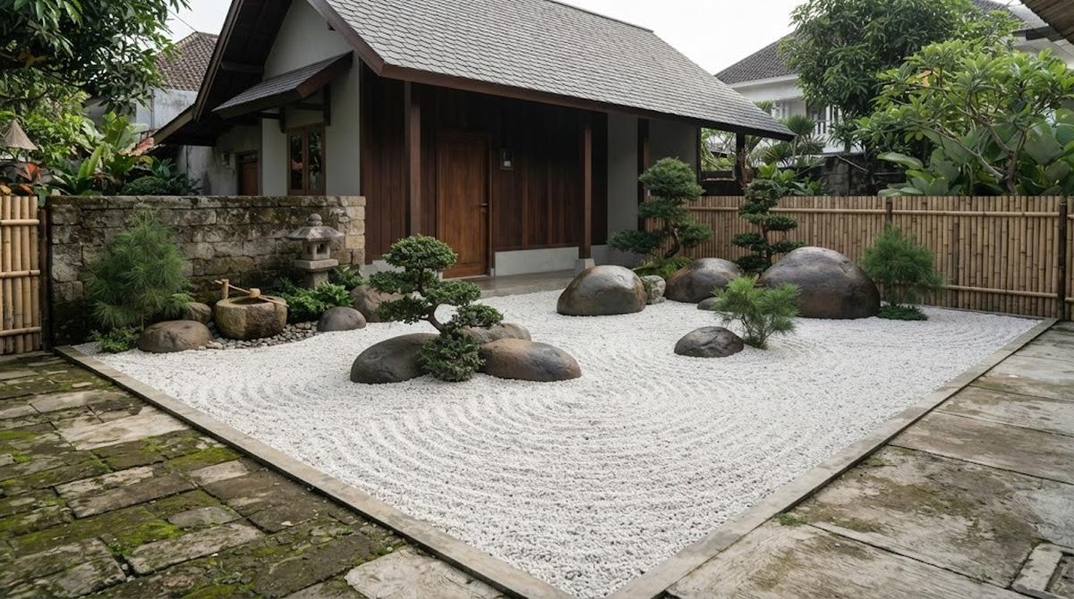 Elemen Zen Jepang dengan Hamparan Pasir Putih