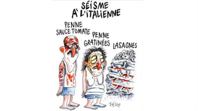 Menanggapi gempa Italia pada 2016, majalah satir mingguan Charlie Hebdo menerbitkan kartun yang dipandang merendahkan para korban. (Sumber Reddit)