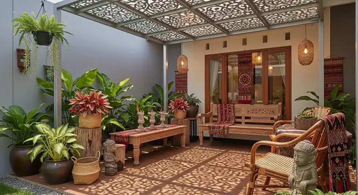 8 Model Teras Rumah Kecil dengan Kanopi Baja Ringan dan Tanaman Tropis Segar