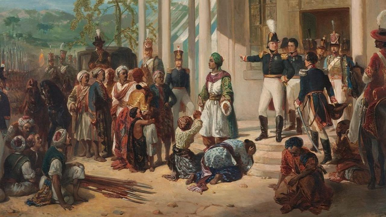 Sementara sang jenderal berdiri dengan pongah. Tangannya menunjuk penuh kuasa, seolah-olah memerintahkan Diponegoro segera dibawa pergi dari tempat itu.