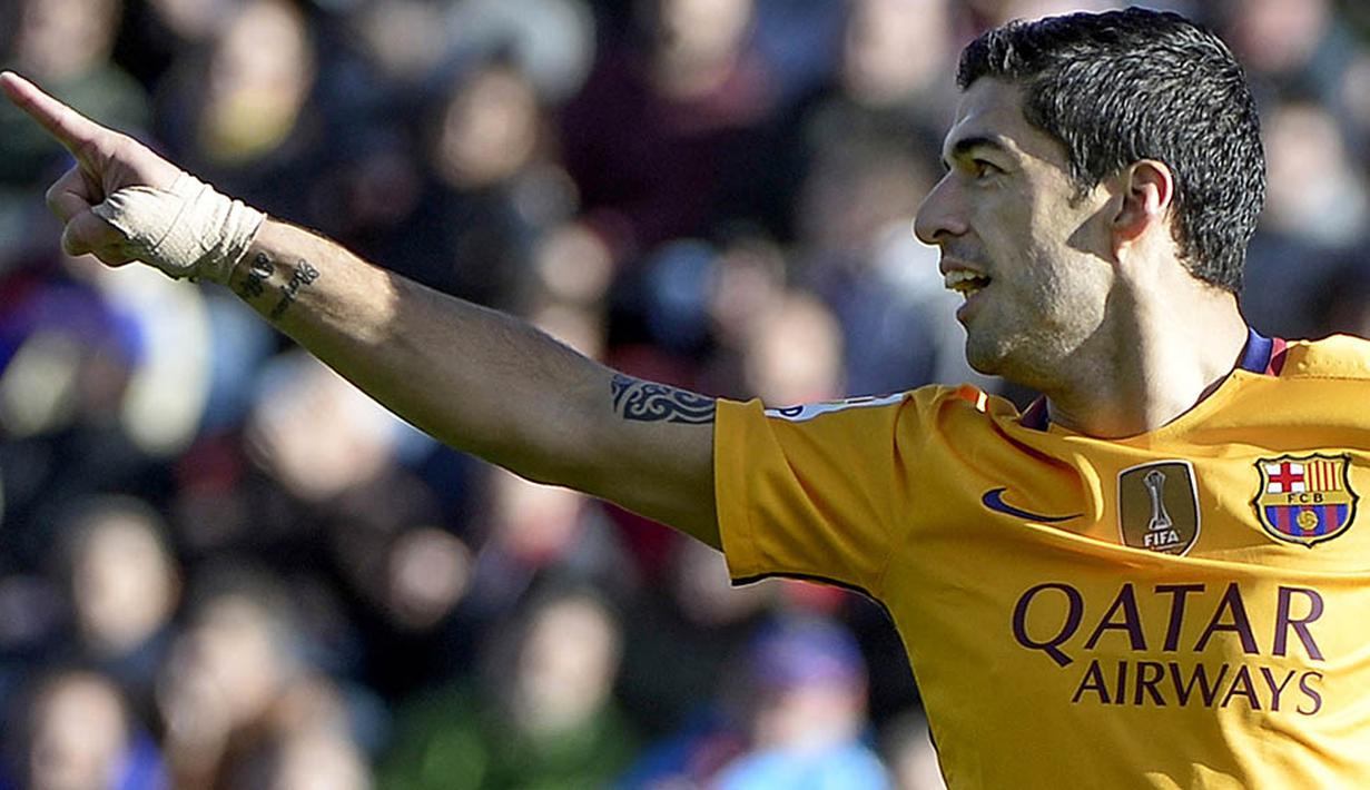 Striker Barcelona, Luis Suarez, merayakan gol yang dicetaknya ke gawang Levante pada laga La Liga di Stadion Ciutat de Valencia, Spanyol, Minggu (7/2/2016). Levante takluk 0-2 dari Barcelona. (AFP/Jose Jordan)