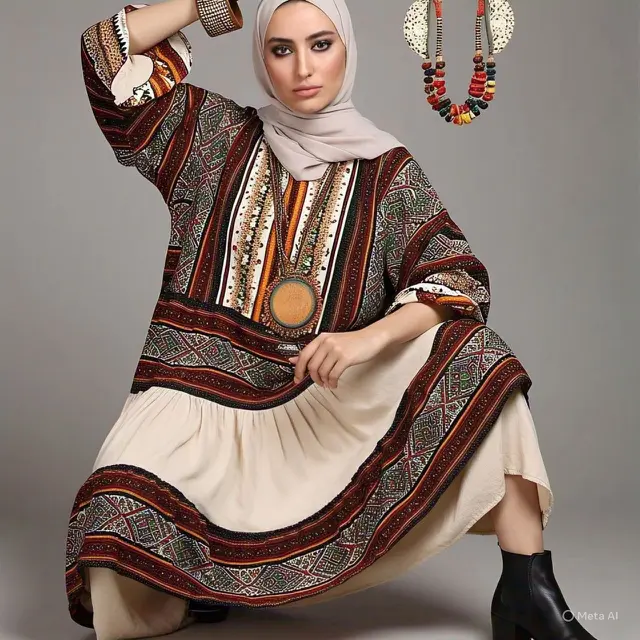 Maxi Dress Etnik dengan Ankle Boots