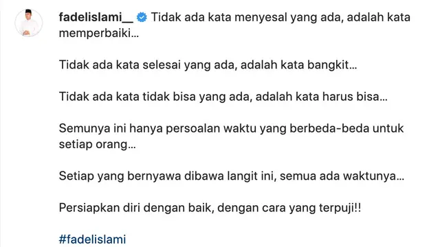 Unggahan Fadel Islami. (Foto: Dok. Instagram @fadelislami__)