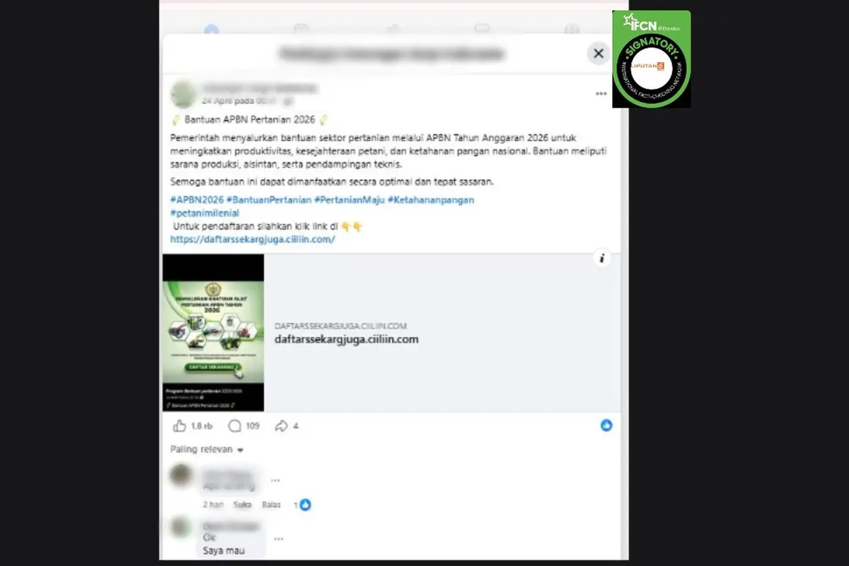 Cek Fakta Liputan6.com mendapati klaim link pendaftaran untuk mendapatkan bantuan alat dan mesin pertanian (alsintan) 2026 dari Kementan