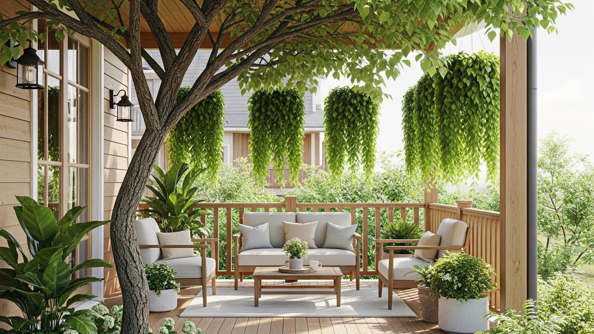 9 Model Teras Rumah Adem dengan Kombinasi Pohon dan Tanaman Gantung