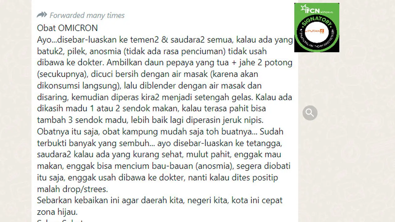 Cek Fakta Liputan6.com menelusuri klaim ramuan obat omicron campuran daun pepaya dan jahe