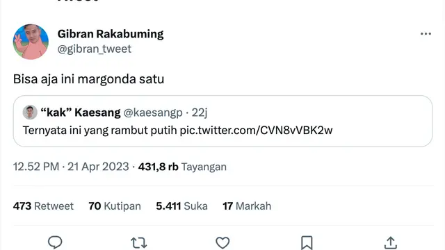 Cuitan Gibran Rakabuming menanggapi twit Kaesang Pangarep. (Foto: Dok. Twitter @gibran_tweet)