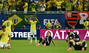 Reaksi penyerang Timnas Brasil #07, Vinicius Junior, setelah memenangkan pertandingan Grup C Piala Dunia 2026 antara Skotlandia dan Brasil di Stadion Miami di Miami Gardens pada 25 Juni 2026. (CHANDAN KHANNA/AFP)
