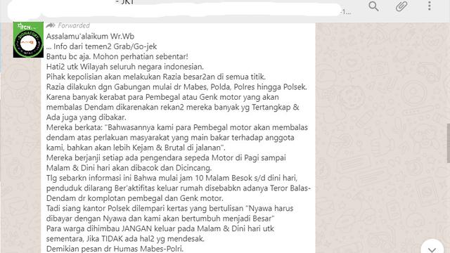 Cek Fakta Hoaks Pesan Berantai Kerabat Begal Akan Balas Dendam Ke