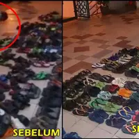 Dengan ketekunan tingkat tinggi, seorang remaja merapikan sandal jamaah di sebuah masjid saat salat Tarawih. Asli netizen nganga | Via: istimewa
