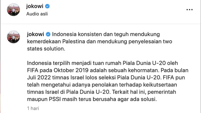 Pernyataan sikap Jokowi soal keikutsertaan Timnas Israel di ajang Piala Dunia U-20. (Foto: Dok. Instagram @jokowi)