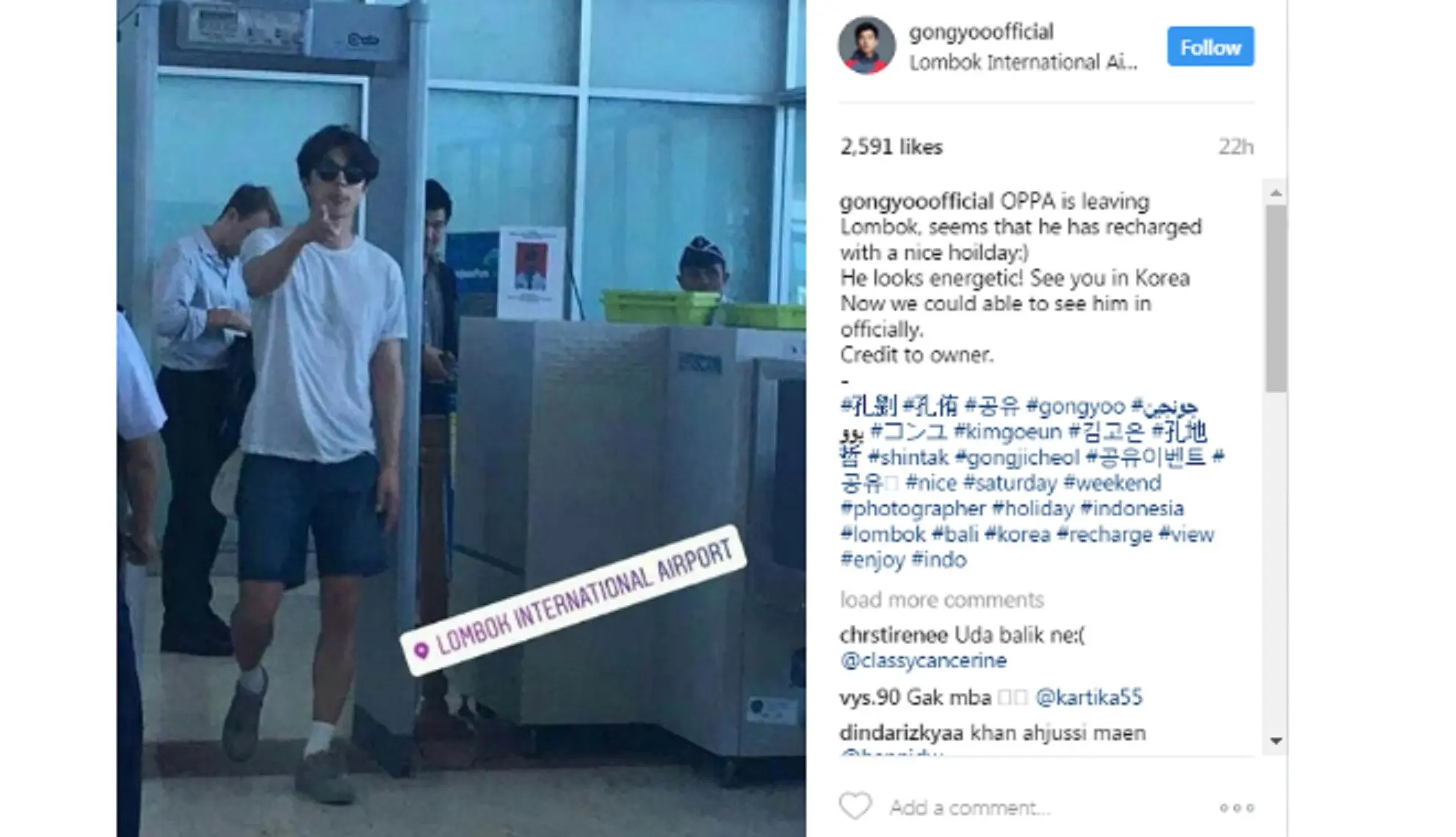 Gong Yoo saat meninggalkan Lombok, Kamis (20/4/2017). (Instagram)