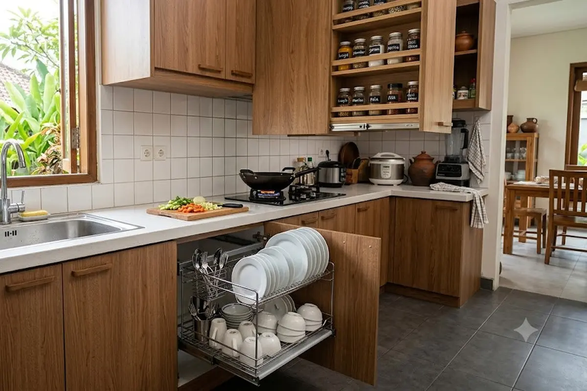 Ide Dapur dengan Rak Piring Tarik dan Tempat Bumbu Tersembunyi