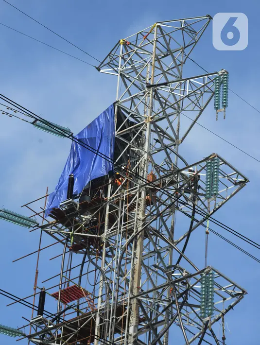 Pekerja menyelesaikan proyek strategis nasional SUTET 500 KW Muara Tawar-Bekasi di Rawa Bebek, Jakarta, Jumat (10/12/2021). PT PLN (Persero) Unit Induk Pembangunan Jawa Bagian Barat (PLN UIP JBB) sepanjang 2020 merampungkan 22 proyek jaringan. (merdeka.com/Imam Buhori)