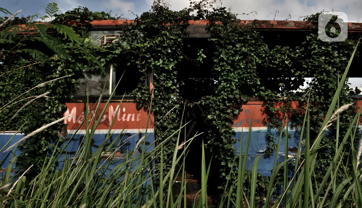 Bangkai bus Metromini di Rawa Buaya tertutup tumbuhan liar setelah dikandangkan selama bertahun-tahun. Karya foto ini sedang dipamerkan dalam pameran foto dengan tema ”Innovation” di Erasmus Huis. (merdeka.com/Iqbal S Nugroho)