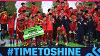 Timnas Vietnam menjuarai Piala AFF 2018 setelah menang 1-0 atas Malaysia, Sabtu (15/12/2018) di Stadion My Dinh, Hanoi. Vietnam unggul agregat gol 3-2. (AFP/Manan Vatsyayana)