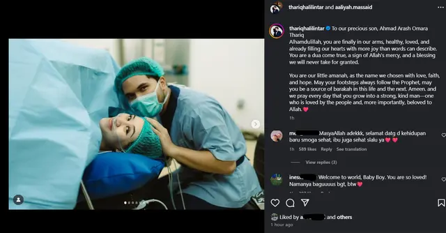 Aaliyah Massaid dan Thariq Halilintar beri nama anaknya, Ahmad Arash Omara Thariq, maknanya indah