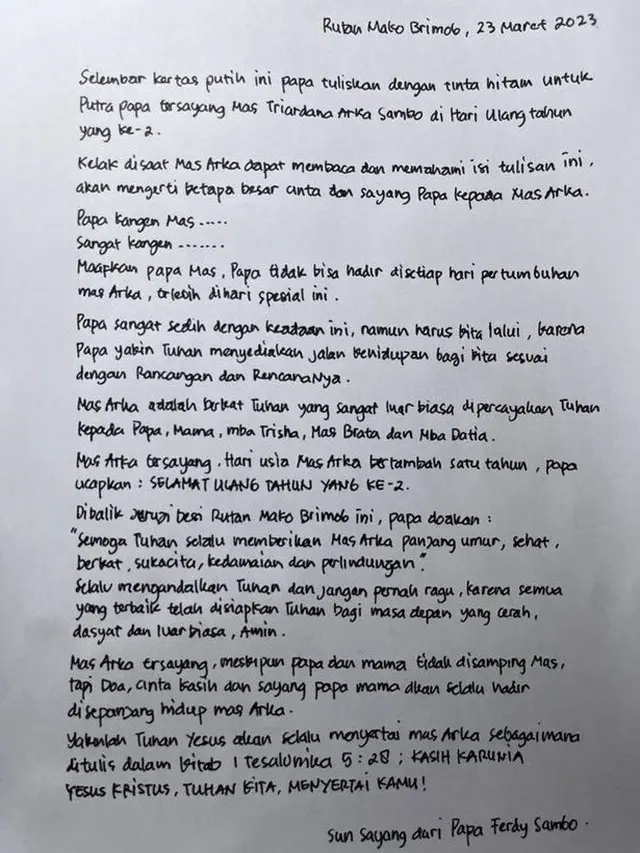 Surat Ferdy Sambo untuk Arka