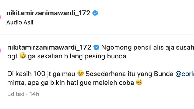 Unggahan Nikita Mirzani. (Foto: Dok. Instagram @nikitamirzanimawardi_172)