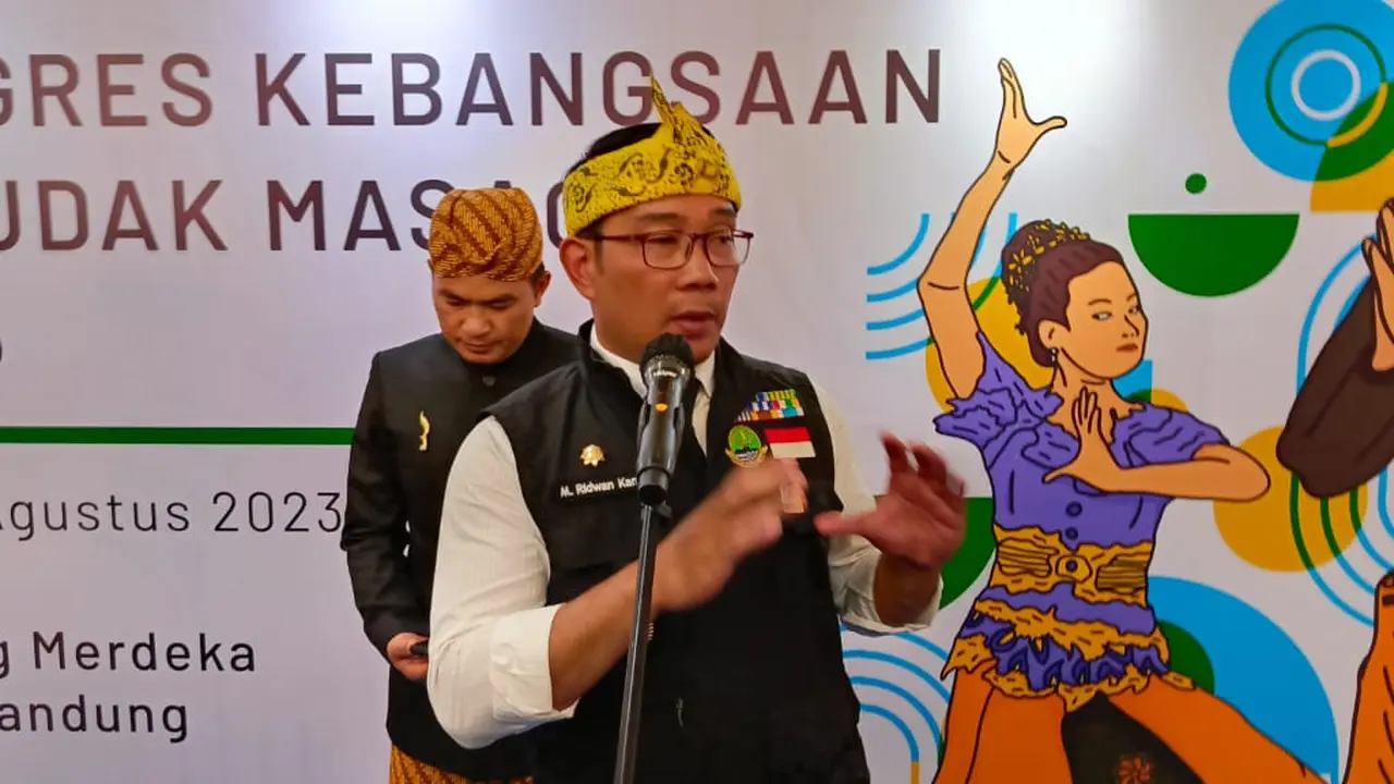 Gubernur Jawa Barat Ridwan Kamil dalam Kongres Kebangsaan Barudak Masagi di Gedung Merdeka, Kota Bandung, Sabtu (26/8/2023). (Foto: Liputan6.com/Arya Prakasa)