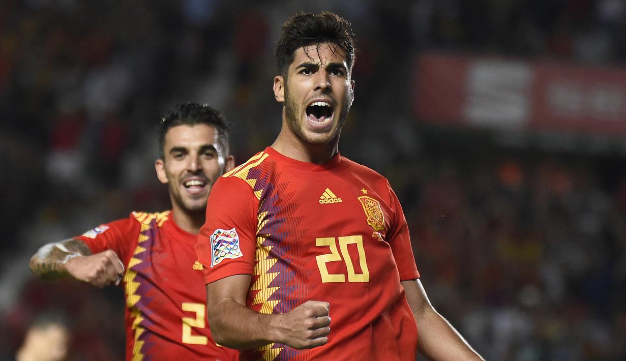 Marco Asensio. Sayap Spanyol berusia 25 tahun ini total telah memperkuat La Furia Roja sebanyak 26 laga sejak 2016 dengan torehan 1 gol. Saat ini ia memperkuat Real Madrid yang dibelanya sejak 5 musim lalu. (Foto: AFP/Jose Jordan)