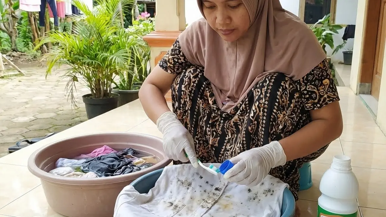 Membersihkan bintik jamur di pakaian dengan pemutih klorin
