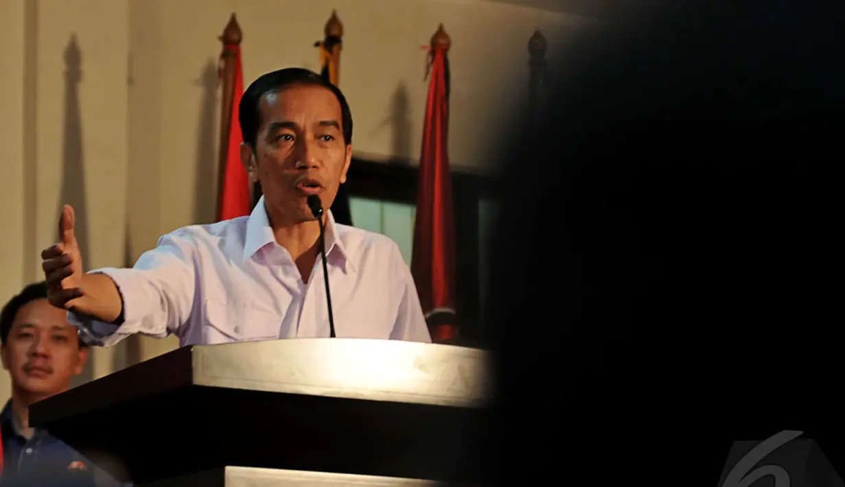 Selama Jokowi berpidato, nyaris tanpa humor. Padahal Jokowi sering tampil dengan guyonannya, kantor DPP PDIP, Lenteng Agung, Jakarta, Rabu (14/05/2014) (Liputan6.com/Johan Tallo).