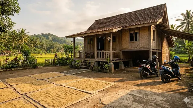 Model Rumah Kampung dengan Halaman Depan untuk Jemur Padi dan Parkir Motor