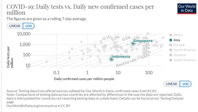 Grafik tes harian per 1 juta orang antara Indonesia dan Singapura. Dok: Our World in Data
